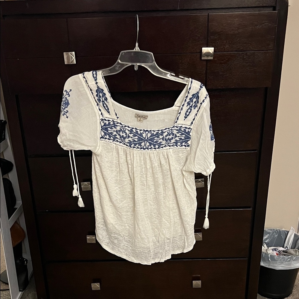 Lucky Brand White Blouse with Blue Embroidery